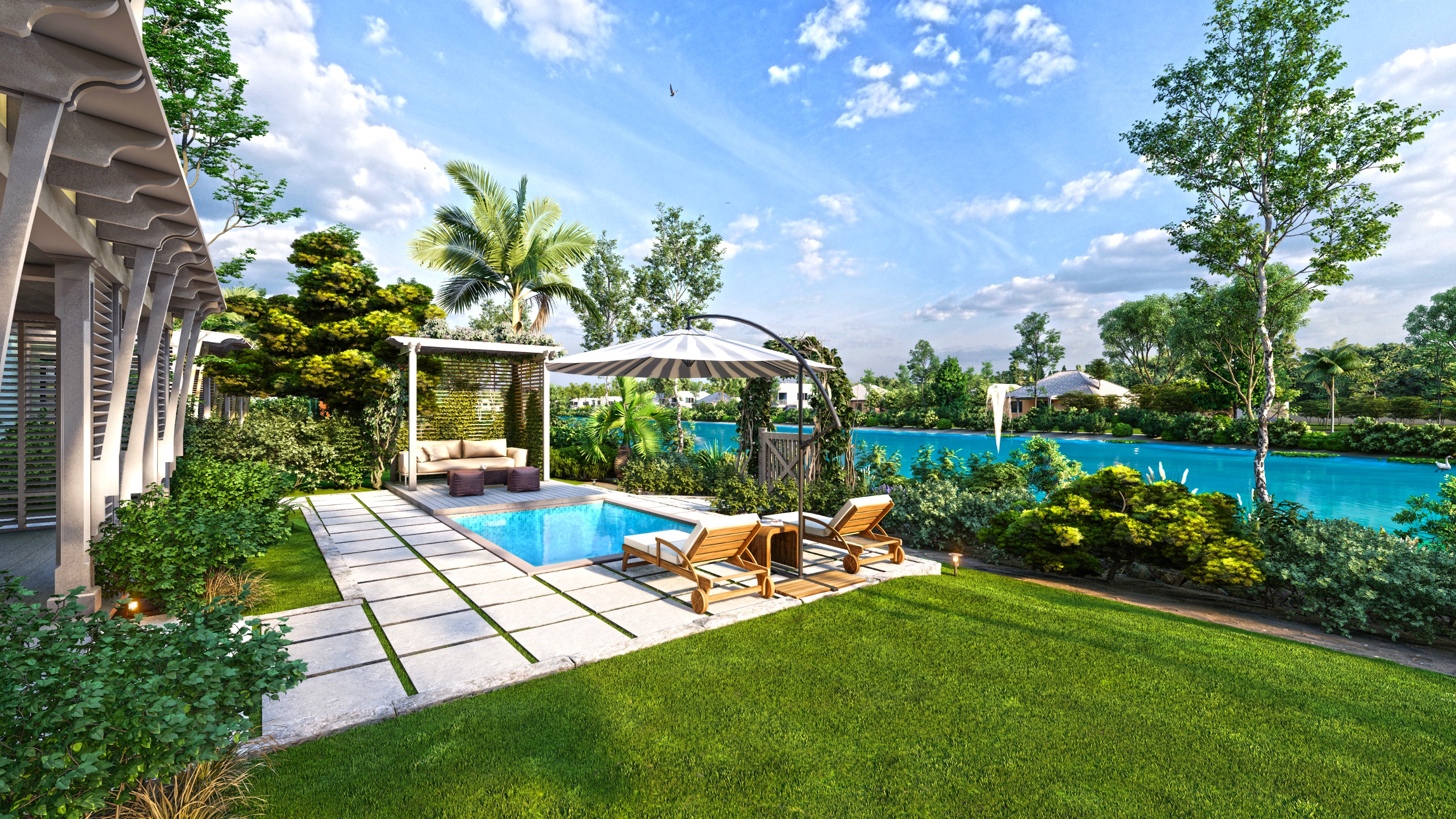 concept of a lakeside porch and pool at Windsor Lakes